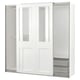 White PAX wardrobe with glass and mesh, sliding doors, storage for clothes and accessories.