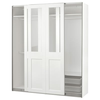 A white PAX wardrobe with glass doors, featuring mesh drawers and hanging space. It offers a sleek, modern design with ample storage.