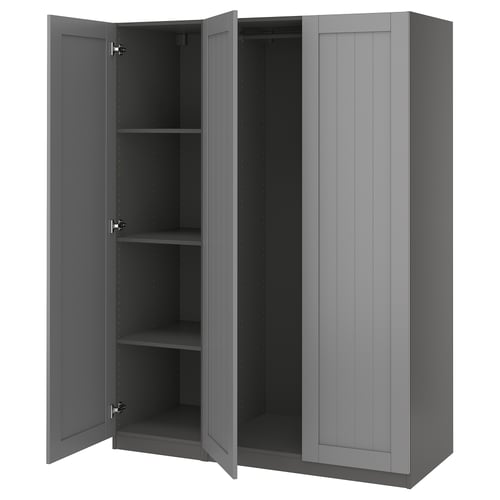 Grey PAX wardrobe, open doors revealing shelves.