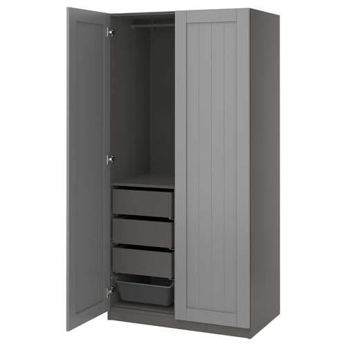 Grey wardrobe with open door, three drawers, metal mesh bottom. Modern, sleek design, grey colour.