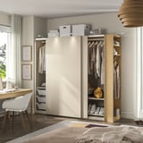 PAX / HASVIK Wardrobe with sliding doors, grey-beige grey-beige/oak effect, 220x66x201 cm