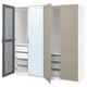 An open white ikea PAX wardrobe with a mirrored door, mesh baskets, and shelves.