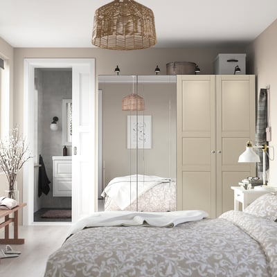 PAX / KAMMARTORP/TYSSEDAL Wardrobe combination, white mirror glass/grey grey-beige, 200x66x201 cm