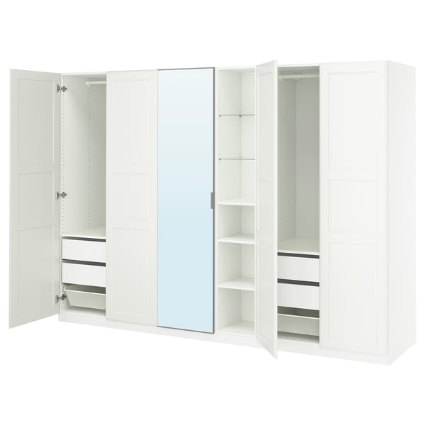 PAX / KAMMARTORP/TYSSEDAL Wardrobe combination, white mirror glass/grey white, 285x60x201 cm