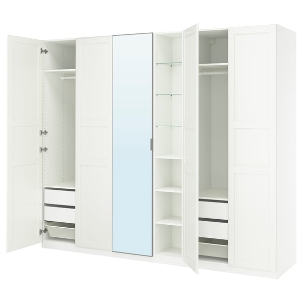 PAX / KAMMARTORP/TYSSEDAL Wardrobe combination, white mirror glass/grey white, 285x60x236 cm