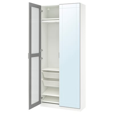 PAX / KAMMARTORP Wardrobe combination, white/mirror glass grey, 100x38x236 cm