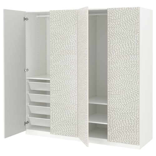 White PAX wardrobe with two open sections revealing drawers and shelves, featuring a textured door design.