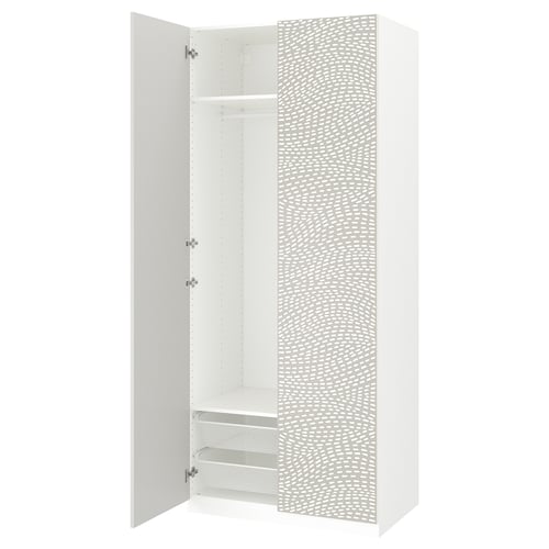 A white PAX wardrobe with one door open, revealing shelves and a hanging rod inside.