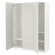 An open white ikea PAX wardrobe with a textured door, featuring shelves and a hanging rod inside.