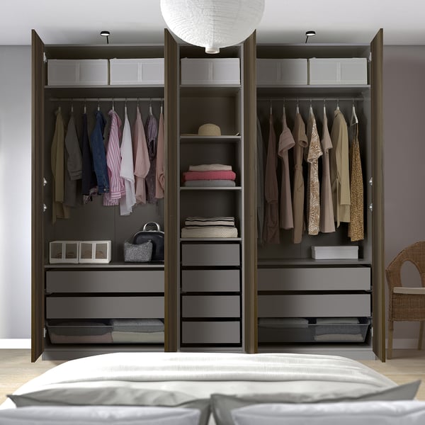 PAX / STORKLINTA Wardrobe combination, dark grey/dark brown stained oak effect, 250x58x236 cm