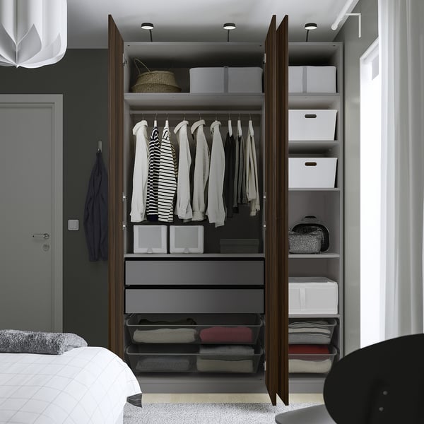 PAX / STORKLINTA Wardrobe combination, dark grey/dark brown stained oak effect, 150x60x236 cm