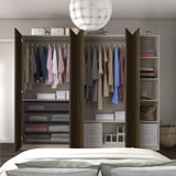 PAX / STORKLINTA Wardrobe combination, grey-beige/dark brown stained oak effect, 250x60x201 cm