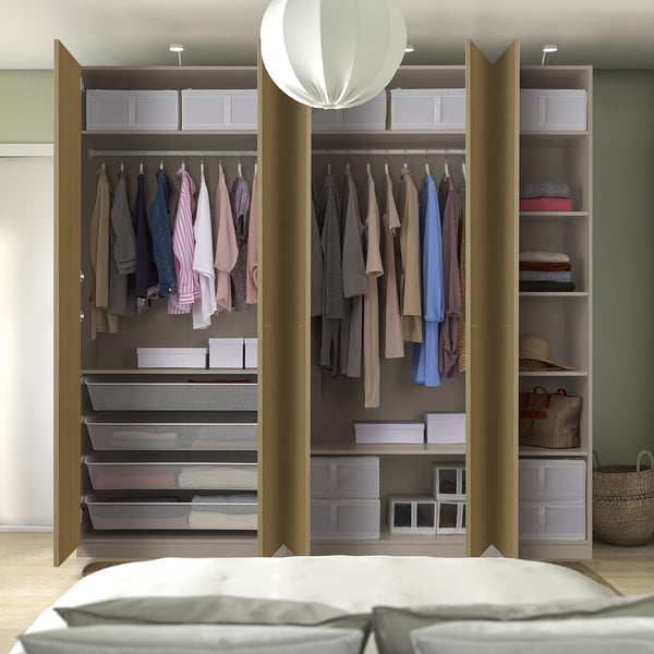 PAX / STORKLINTA Wardrobe combination, grey-beige/oak effect, 250x60x236 cm