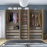 PAX / STORKLINTA Wardrobe combination, grey-beige/oak effect, 250x58x201 cm