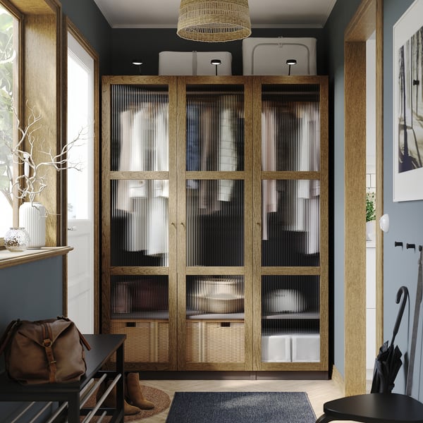 PAX / TONSTAD Wardrobe combination, dark grey brown/stained oak veneer glass, 150x60x201 cm