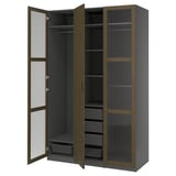PAX / TONSTAD Wardrobe combination, dark grey brown/stained oak veneer glass, 150x60x236 cm