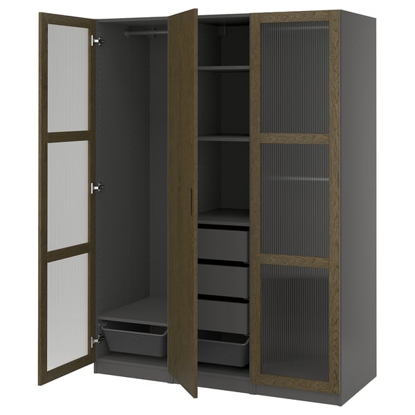PAX / TONSTAD Wardrobe combination, dark grey brown/stained oak veneer glass, 150x60x201 cm