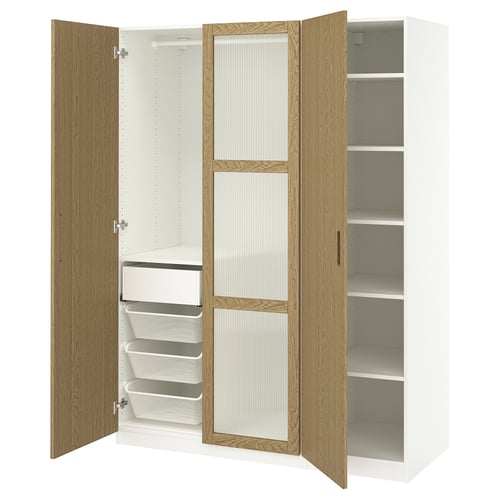 PAX wardrobe: white & oak, three-door, tall unit with interior organisers, mesh basket, and soft-close hinges.