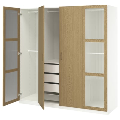 Open wooden wardrobe with glass doors revealing shelves and drawers.