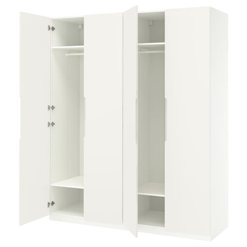 This image shows a white ikea PAX wardrobe with open doors, revealing empty shelves and a hanging rod, designed for efficient closet storage.