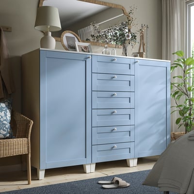 PLATSA Cabinet with doors and drawers, white Sannidal/blue, 180x57x133 cm
