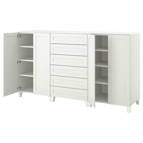 White PLATSA storage unit with open shelves and drawers, modern design.