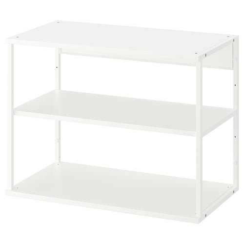 White PLATSA shelf unit, 2-tier, metal and particleboard, minimalist design.