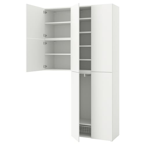 White PLATSA cabinet with four open doors showing empty shelves.