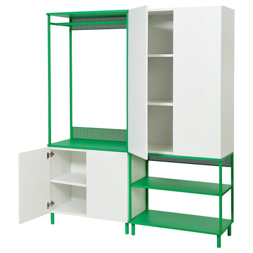 Modern white and green storage unit with cabinets and shelves.
