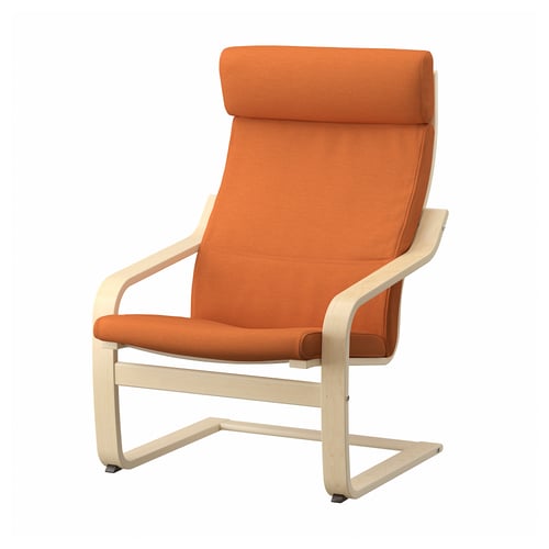 An orange POÄNG armchair with light wood frame, featuring a curved design and neck support.