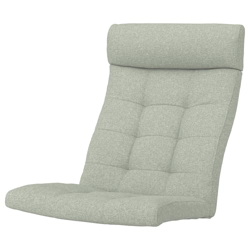 POÄNG cushions in green gunnared fabric; ergonomic, tufted design for comfort.