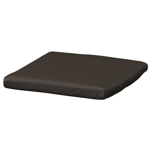 Black square POÄNG footstool cushion. Soft leather, rectangular shape.