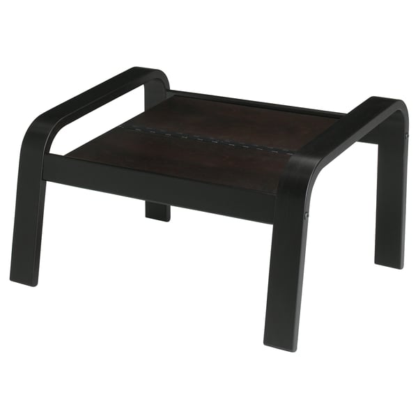 Dark brown and black POÄNG stool with wooden seat and metal legs, ideal for modern decor.