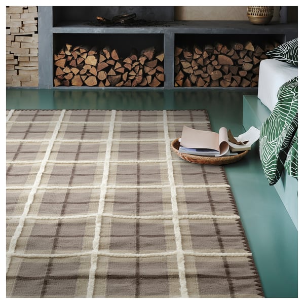 PYSSLINGGRÄS Rug, flatwoven, grey/check handmade, 240x300 cm