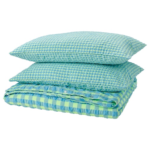 RÅGBLOMMA bedding set: blue/green chequered duvet & pillows, waffle texture, cotton/viscose blend.