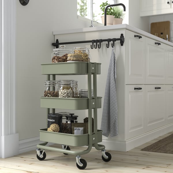 RÅSKOG Trolley, grey-green, 28x38x61 cm