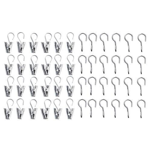 Silver stainless steel curtain clips & hooks. Organised, ideal for smooth sliding on wires, perfect for bathroom use.