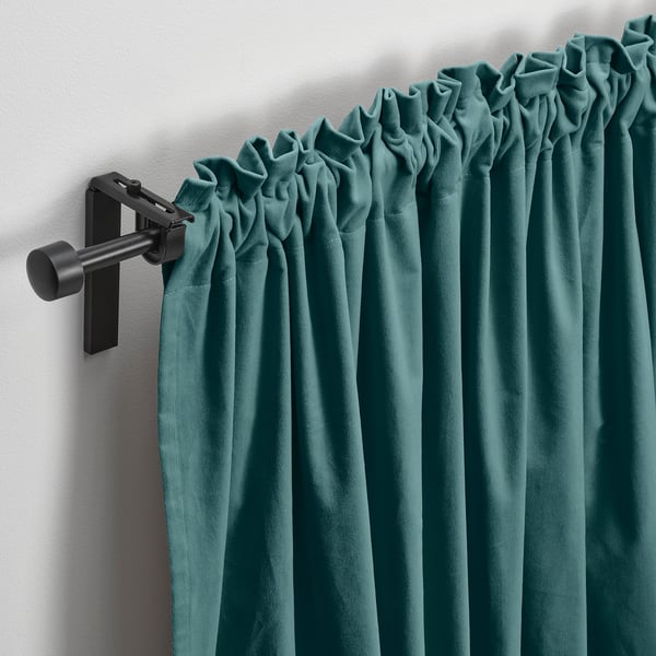 SANELA Curtains, 1 pair, dark grey-turquoise/with heading tape, 140x300 cm