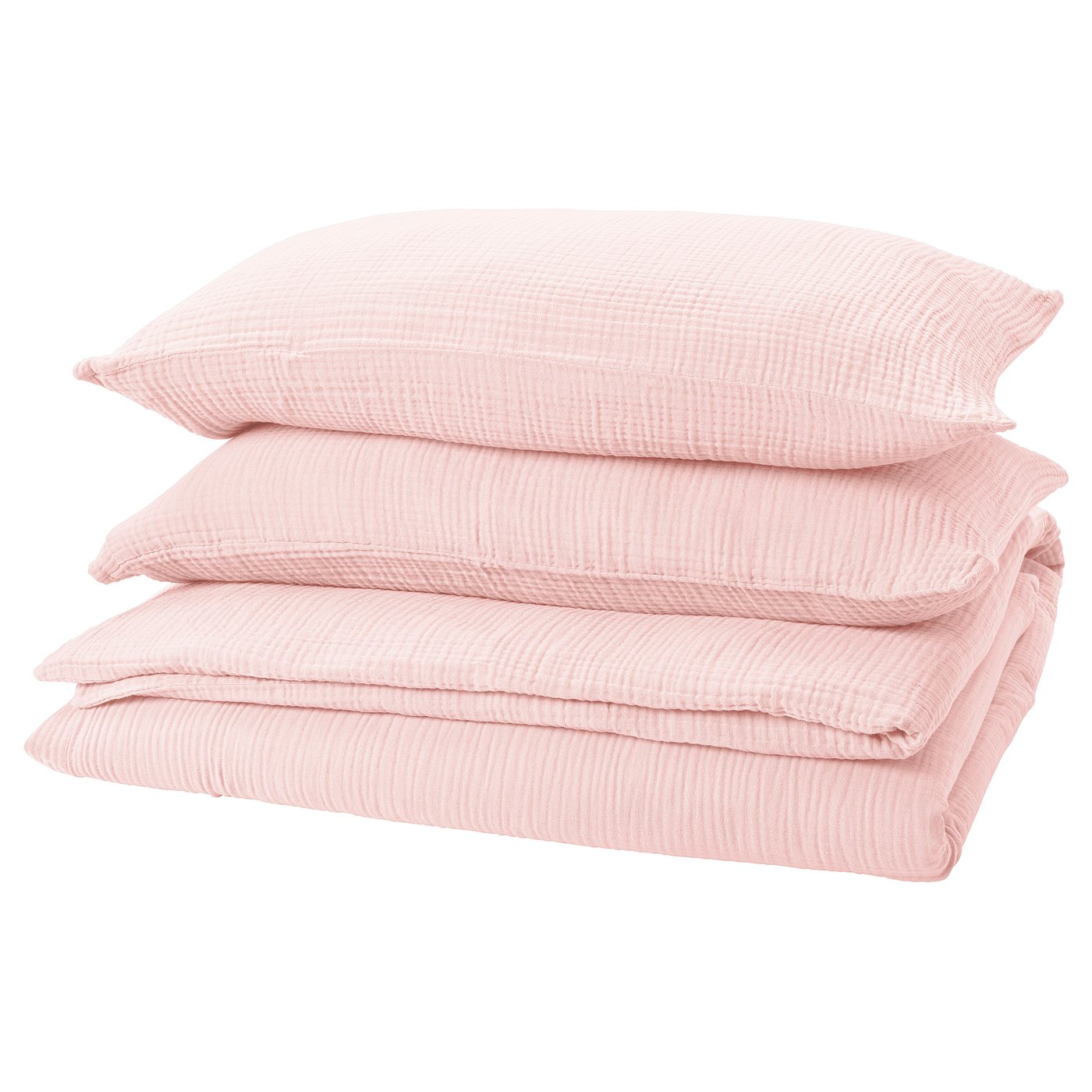 Four soft pink cotton pillows stacked neatly, featuring a wavy texture and envelope closure design.