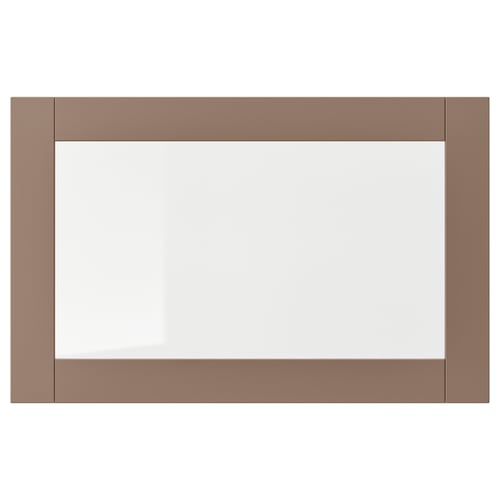 A SINDVIK rectangle, light grey-brown cabinet door with clear glass in the centre. It has sleek, modern lines.