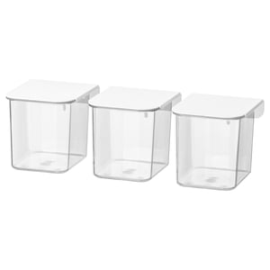 Three clear plastic storage boxes with white lids, square shape, stacked neatly for organised storage.