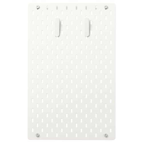 SKÅDIS white pegboard, rectangular with evenly spaced slots, mounted with four screws, ideal for organising items.
