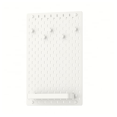 SKÅDIS white pegboard, rectangular, with four hooks and a shelf, for wall organisation.