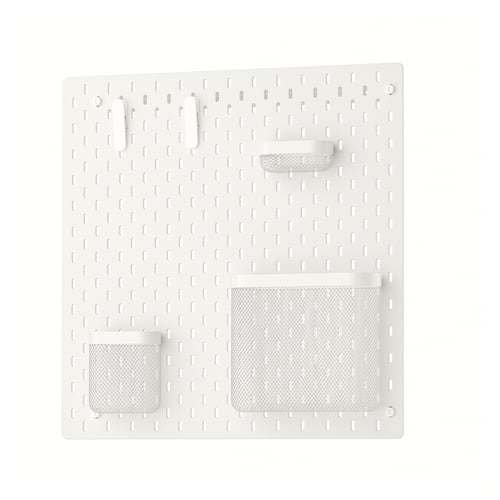 SKÅDIS, a white pegboard organiser with mesh pockets and clips. Perfect for home storage.