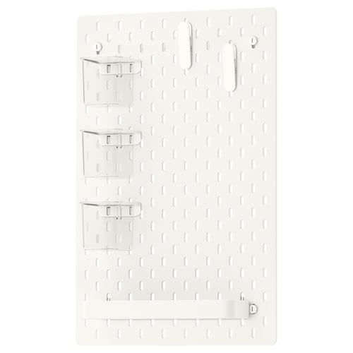 SKÅDIS white pegboard with clear containers and clips, rectangular shape, wall-mounted organisation system.