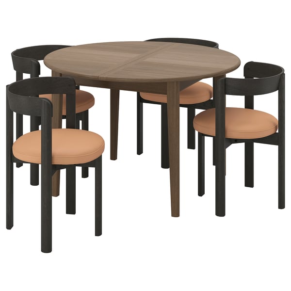 SKANSNÄS / STOCKHOLM 2025 Table and 4 chairs, brown beech veneer/dark brown leather, 115/170 cm