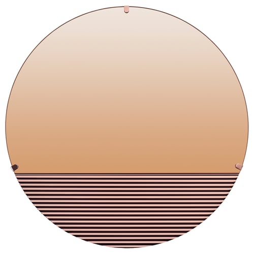 SKOGSGRÄNSEN rose-gold mirror, semi-circular, reflective glass with striped base, hanging metal holder.