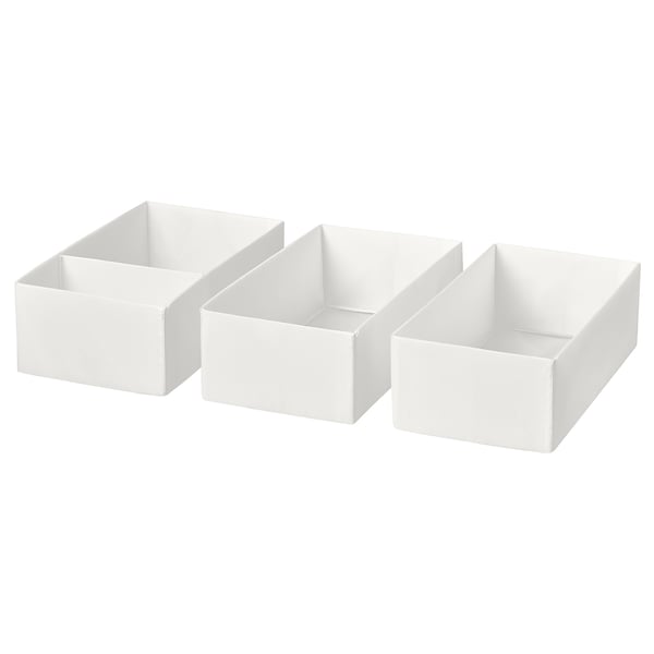Three white plastic storage boxes arranged in a row, each identical in size and shape, ideal for organising small items in drawers or shelves.