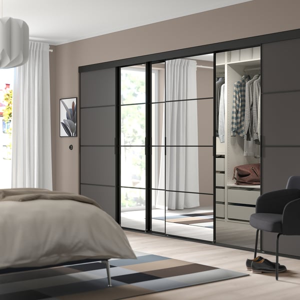 SKYTTA / MEHAMN/AULI Sliding door combination, black/dark grey mirror glass, 376x205 cm