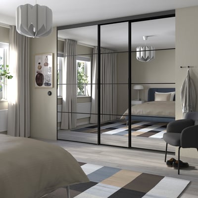 SKYTTA / PAX Walk-in wardrobe with sliding doors, black/Auli mirror glass, 276x160x240 cm